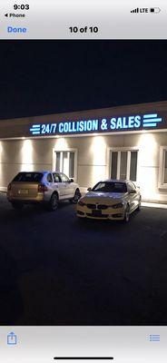 The front of my collision shop showing my LEDE sign 24/7 collision