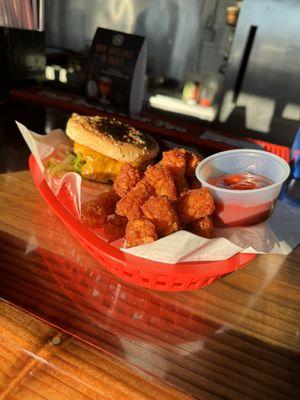 American Burger and tots