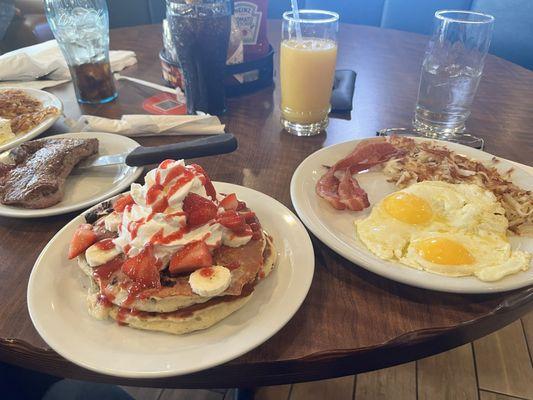 Breakfast with pancakes and steak and eggs!