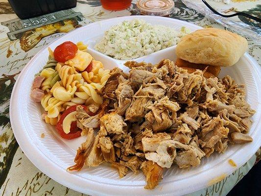 BBQ plate with slaw and pasta salad