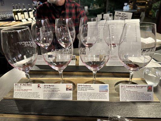 Wine tasting flight -  very much enjoyed - at Northwest Cellars in Kirkland Washington.