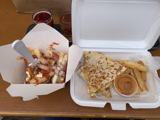 Chicken Quesadilla, yuca, fries (ketchup, Mayo, parmesan cheese)