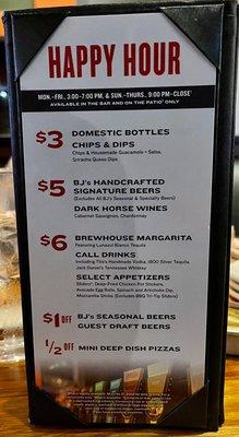 Happy hour menu (items can vary depending on where and when)