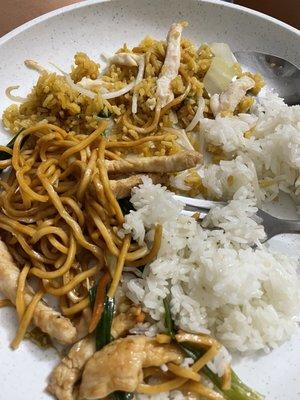 Chicken lo mein Chicken Fried Rice and side of white rice. Best Chinese ever.