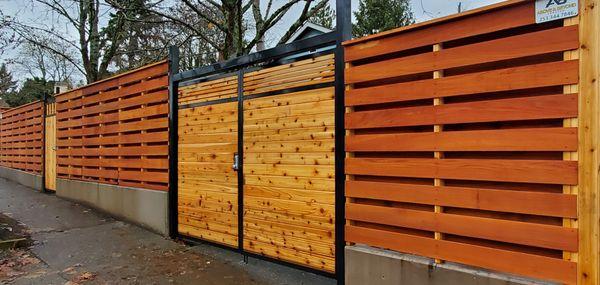 Shadow Box Fence showing driveway gate.