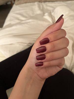 Pretty deep dark red nails. Definitely a upgrade from my picture years ago. I'm very happy!