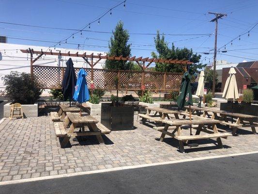 Outdoor patio with umbrellas