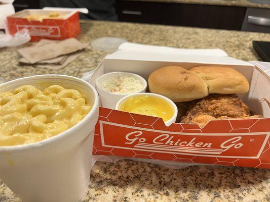 Mashed Potatoes and Gravy, Cole Slaw, Macaroni and Cheese, Fried Chicken, and Rolls