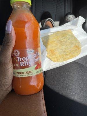 Jerk chicken patty and Mango Carrot drink