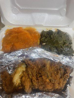 Fried chicken (white meat), yams and collard greens