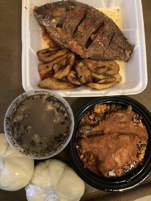 Fried Tilapia Fish and Plantains, Pepper Soup, Egusi Soup with Chicken