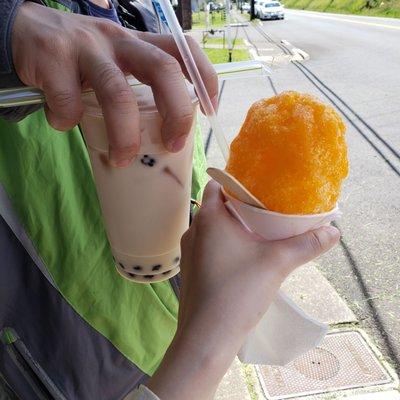 Milk tea boba and small shaved ice with lilikoi syrup