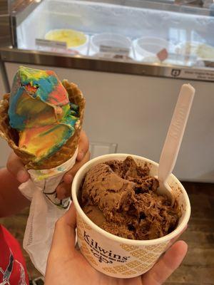 Superman cone and sea salt chocolate caramel in a cup