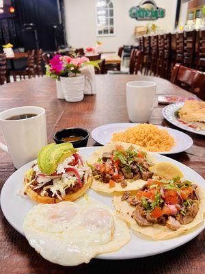 Breakfast carnitas tacos & asada sope, eggs