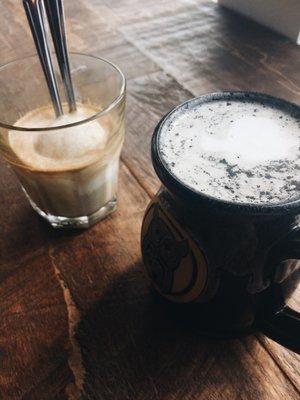 Left: affogato Right: lemon charcoal latte (reo town latte?)