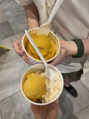 Top: mango sorbet single scoop  Bottom: passion fruit and caramel fudge brownie tasters duo