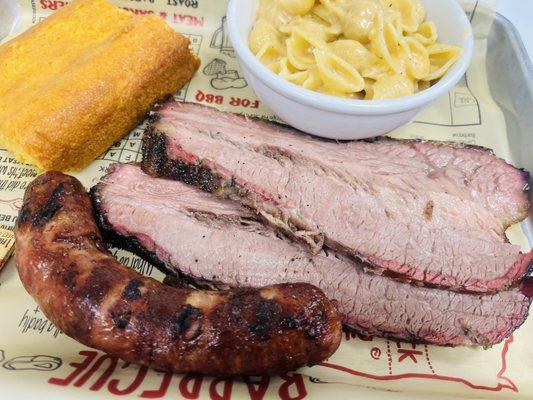 Brisket, jalapeño cheddar sausage, mac & cheese, and corn bread