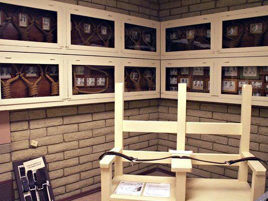 Nooses, a double gas chamber chair and straps all used for executions at the nearby prison