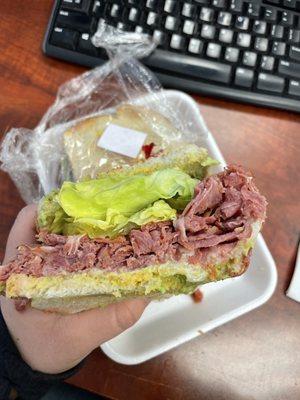 Toasted Pastrami avocado & cheese on sour dough