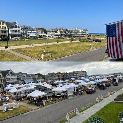 View from the 2nd floor balcony of the day before and then the day-of the annual Flea Market, June 2023.