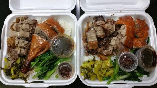 Roasted Duck & Roasted Pig with rice, green veggies, pickled mustard greens, and sauce.