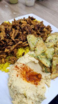 Chicken Shawarma with Spicy potatoes, Rice & Hummus. So flavorful & delicious, highly recommend!