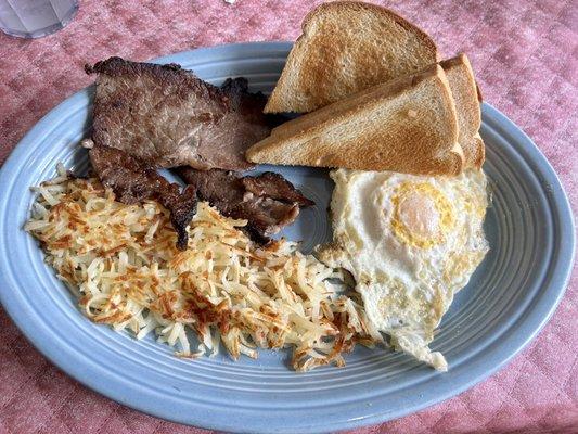 "Rocket Breakfast"- Ribeye, hash browns, 2 eggs & toast.