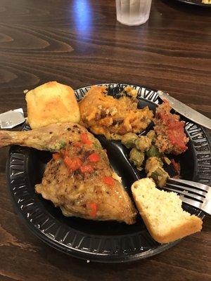 Baked chicken entree with sweet potato casserole and fried okra