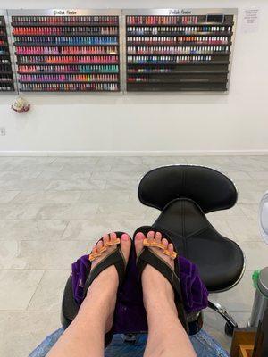 Waiting for my pedicure to dry in their luxury massage chairs