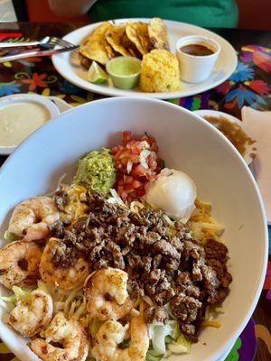 Burrito bowl with steak and shrimp