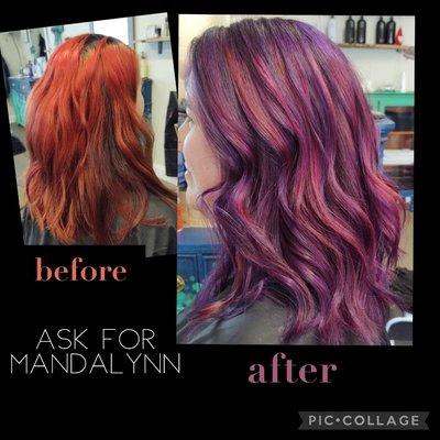 Before and after red to purple hair color