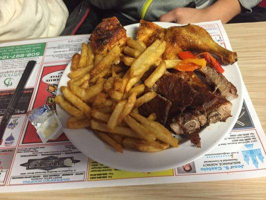 Half chicken half Ribs, rice and French fries