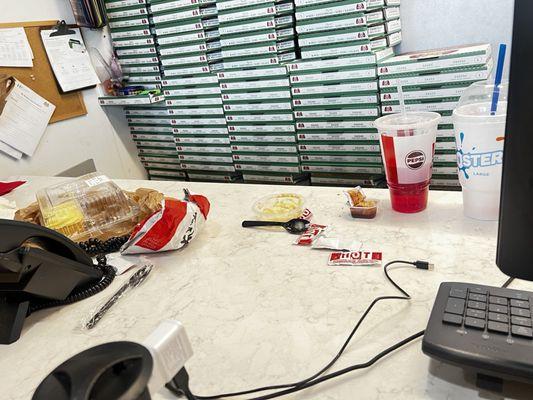 KFC and Publix being eaten on the counter.