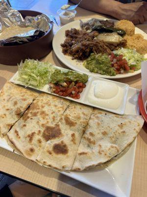 Carnitas plate and Carne Asada quesadilla