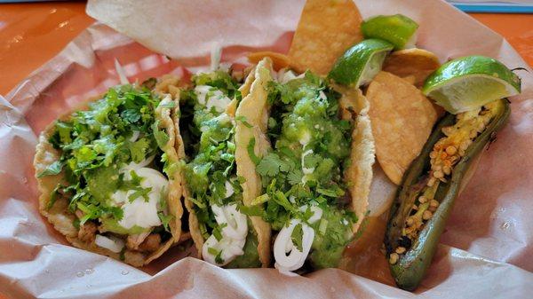 Delicious,  carne asada, pollo,  Birria tacos in handmade tortillas. The salsa bar had crema, avocado salsa, just about everything.