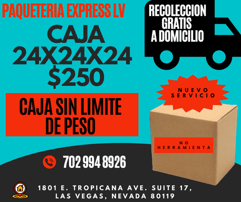 Caja sin limite de peso 24x24x24 $250.00
Recoleccion a domicilio GRATUITA