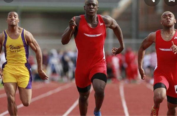 Aeric Clay and Princeton Bryson in the red uniforms at Ohio State Division I High school finals in the 100 meters both whom I trained.