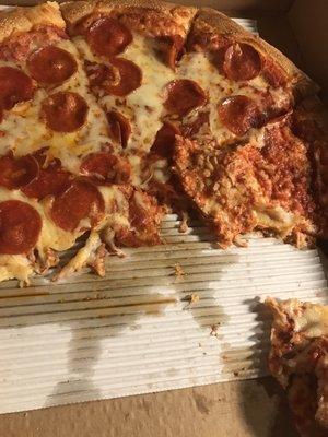 Undercooked pepperoni pizza and the cheese that peeled right off of each slice when you grabbed one.