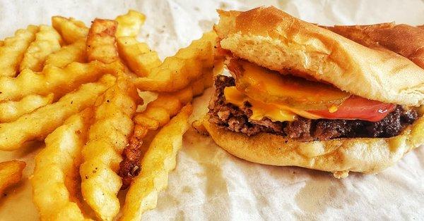 Single Burger Combo. American Cheese.  Chicken Cheese Steak.  French Fries.  Soft Drink.