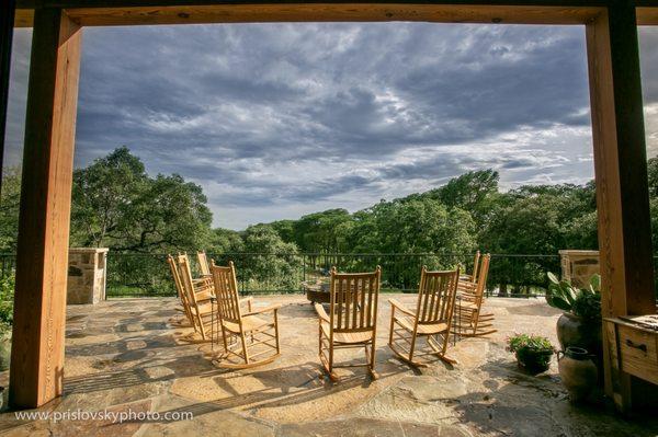 Patio terrace at Branch Haus Lodge overlooking Joshua Creek