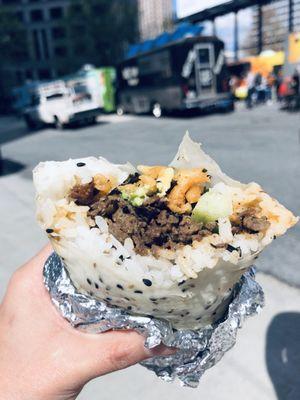 Tasty Steak surrito!! Bulgogi style beef, fried tempura bits, avocado, cucumber, spicy mayo.