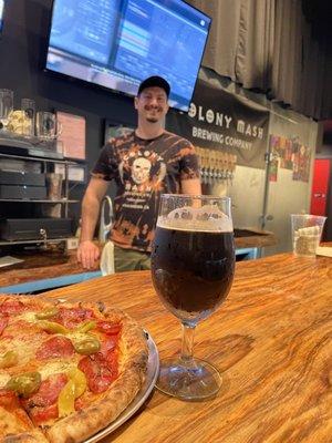 Mexican Imperial Stout - Omg abuelita chocolate and 5 different Chili's layer the flavor and the S&P (Salami and Pepper) pizza. ‍