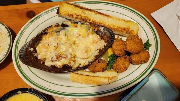 Shrimp Augratin w/hush puppies & bread sticks