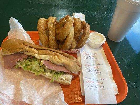 Corned Beef Sub Homemade Onion Rings Side of ranch Fountain drink