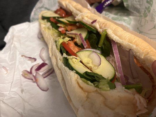 Added Onions, no Mayo, old cucumbers, half the amount of Turkey required for a footlong.