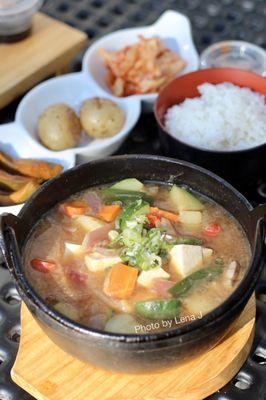 Den Jang Jigae ($13.99) - bean paste stew with pork, tofu and vegetables. Served with rice and banchan