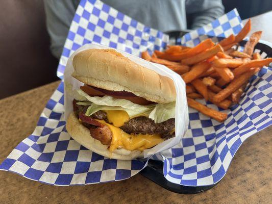 Double Cheese Burger with bacon and sweet potato fries