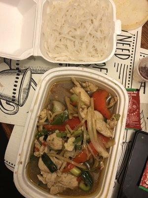 Gapow chicken with rice noodles