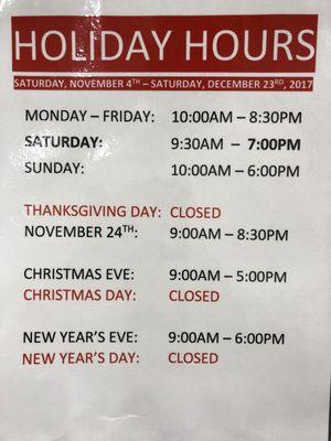 2017 Holiday season hours.