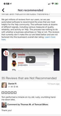 Most recent review. "Not recommend" despite customer having an active Yelp account. Yelp is throttling good reviews.